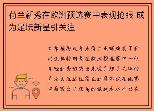 荷兰新秀在欧洲预选赛中表现抢眼 成为足坛新星引关注